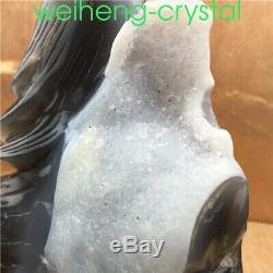 3.6LB Natural Geode Agate quartz eagle skull hand Carved crystal OK358-DAA