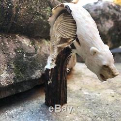 3D Bear & American Eagle Hand Carved Genuine Antler Horn Bone Cane Handle USA