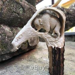 3D Bison Inside American Eagle Hand Carved Antler Horn Bone Cane Handle USA
