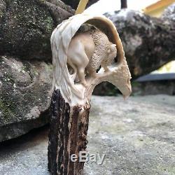3D Bison Inside American Eagle Hand Carved Antler Horn Bone Cane Handle USA