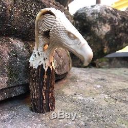 3D Twin Defending American Eagle Hand Carved Antler Horn Bone Cane Handle USA