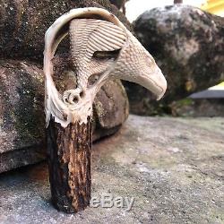 3D Twin Defending American Eagle Hand Carved Antler Horn Bone Cane Handle USA