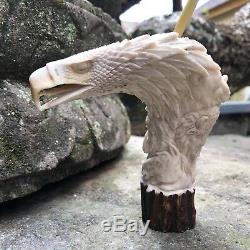 3D WILD ANIMAL HERD Horse Eagle Hand Carved Antler Horn Bone Cane Handle USA C12