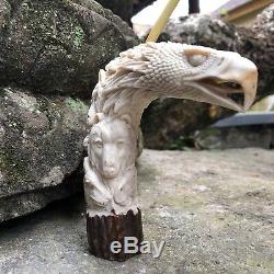 3D WILD ANIMAL HERD Horse Eagle Hand Carved Antler Horn Bone Cane Handle USA C12
