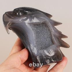 4.7 Natural Geode Agate Quartz Crystal Hand Carved Eagle Head Animal 610g