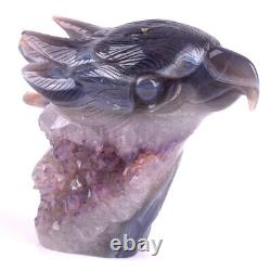 4 in Natural Geode Agate Amethyst Eagle skull hand Carved crystal, Reiki Healing