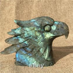 490g Natural Crystal Flash Labradorite Hand Carved Eagle Head Gift k2187 O