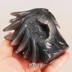 5.1 Natural Geode Agate Quartz Crystal Hand Carved Eagle Head Animal 624g