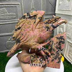 5.28lb Natural Rhodonite Quartz Hand Carved Eagle Skull Crystal Reiki Decor Gift