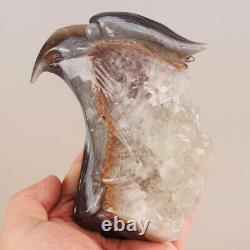 5.4 Natural Geode Agate Quartz Crystal Hand Carved Eagle Head Animal 882g