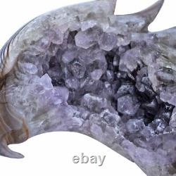 5.8'' Natural Geode Agate Amethyst Eagle skull hand Carved crystal, Reiki Healing