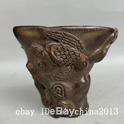 5 Chinese antique Ox horn handcarved eagle pattern Cup