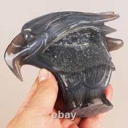 5 Natural Geode Agate Quartz Crystal Hand Carved Eagle Head Animal Healing 630g