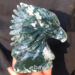 570g Natural moss agate eagle head Skull Quartz Crystal Hand Carved Healing