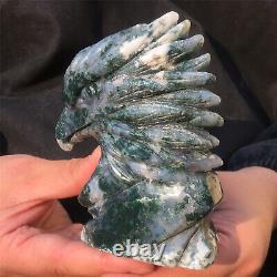 570g Natural moss agate eagle head Skull Quartz Crystal Hand Carved Healing