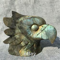 590g Natural Crystal Flash Labradorite Hand Carved Eagle Head Gift k2181O