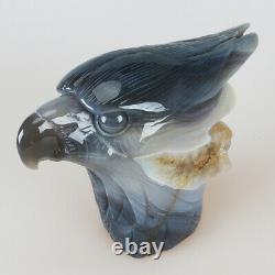 6.3 3LB Natural Geode Agate Quartz Crystal Hand Carved Eagle Head Carving