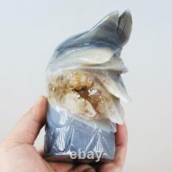 6.3 Natural Geode Agate Quartz Crystal Hand Carved Eagle Head Carving 1367g