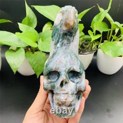 6.45inches 1.37kg big size hand carved druzy moss agate skull with eagle skull