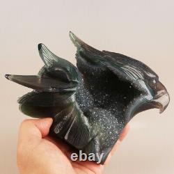 6.9 Natural Geode Agate Quartz Crystal Hand Carved Eagle Head Animal 1078g
