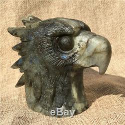 630g Natural Crystal Flash Labradorite Hand Carved Eagle Head Gift k2198O