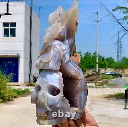 7.9LB Natural agate quartz crystal hand carved skull and Flying Eagle Healing