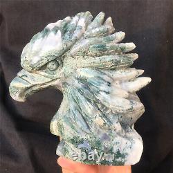 730g Natural moss agate eagle head Skull Quartz Crystal Hand Carved Healing