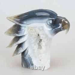 757g 4.7 Natural Geode Agate Quartz Crystal Hand Carved Eagle Head Carving