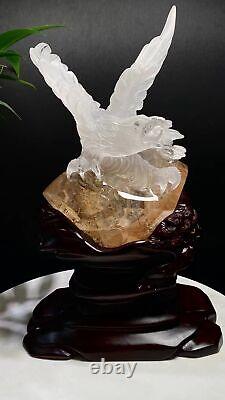 8.36LB Natural Rainbow Ghost quartz eagle hand carved crystal reikihealing+stand