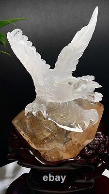 8.36LB Natural Rainbow Ghost quartz eagle hand carved crystal reikihealing+stand