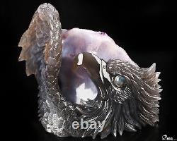 8.4 Agate Amethyst Geode Hand Carved Crystal Eagle Sculpture with LED Stand