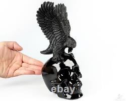 8.9 Black Obsidian Hand Carved Crystal Skull and Eagle Fine Art Sculpture