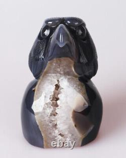 802g Natural Geode Agate Quartz Crystal Hand Carved Eagle Skull Carving 0088