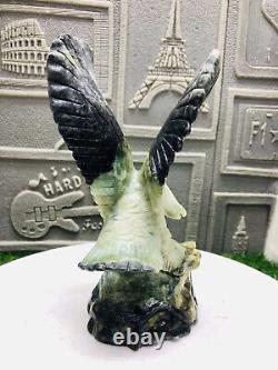 890g Natural Jade Quartz Hand Carved Eagle Head Skull Crystal Reiki Decor