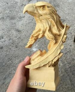 9 Natural Boxwood Hand Carved Eagle Head Statue Animal Sculpture Decor