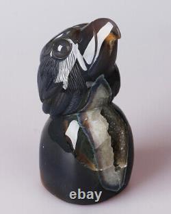 978g Natural Geode Agate Quartz Crystal Hand Carved Eagle Skull Carving 0085