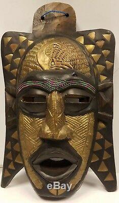 African Warrior Eagle Mask (Maasai) Hand Carved Wood & Brass