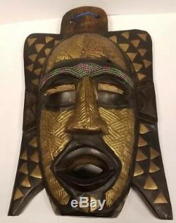 African Warrior Eagle Mask (Maasai) Hand Carved Wood & Brass