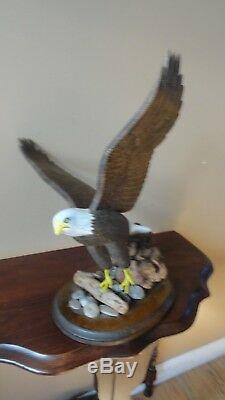 American Eagle Hand Carved And Painted On Oval Base With Petrified Wood & Rocks