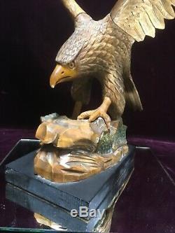 American Eagle Sculpture Figure Statue Hand Carved Wood 19H