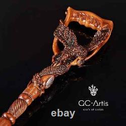 American Eagle Walking Stick Cane Dark Wood Carved Hand Crafted gift for men