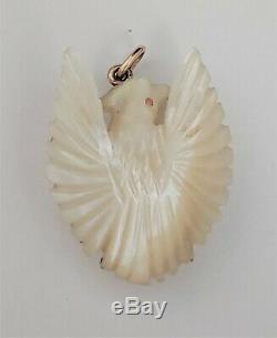 Antique 14k Solid Gold Hand Carved Mother OF Pearl Perched Eagle Pendant