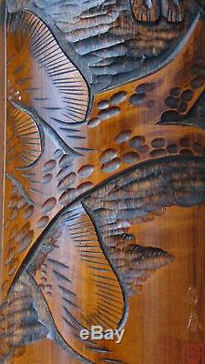 Antique 19c Chinese Hand Carved Bamboo Wall Plaque Eagle, Signed By Artist