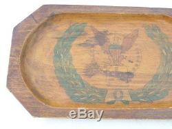 Antique American Tramp Folk Art Hand Carved Painted Pencil Pen Tray Eagle Shield