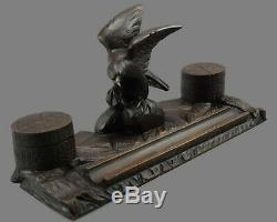 Antique Black Forest Hand Carved Wood Eagle Double Inkwell Ink Stand