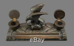 Antique Black Forest Hand Carved Wood Eagle Double Inkwell Ink Stand