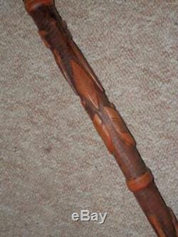 Antique Faux Snakewood Walking Stick With Hand-Carved Snake, Lizard & Eagle Shaft