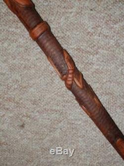 Antique Faux Snakewood Walking Stick With Hand-Carved Snake, Lizard & Eagle Shaft