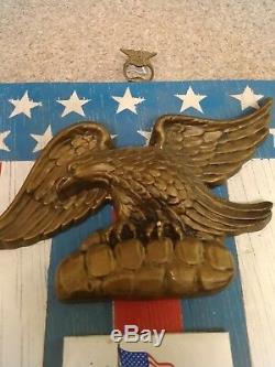 Antique Folk Art Hand Carved Wood American Eagle Sign Flag Plaque Peace Vtg