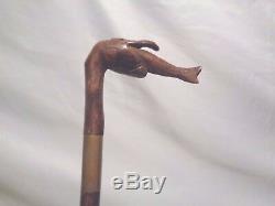 Antique Folk Art Hand Carved Wood Walking Stick Eagle Bird with Fish 35 in